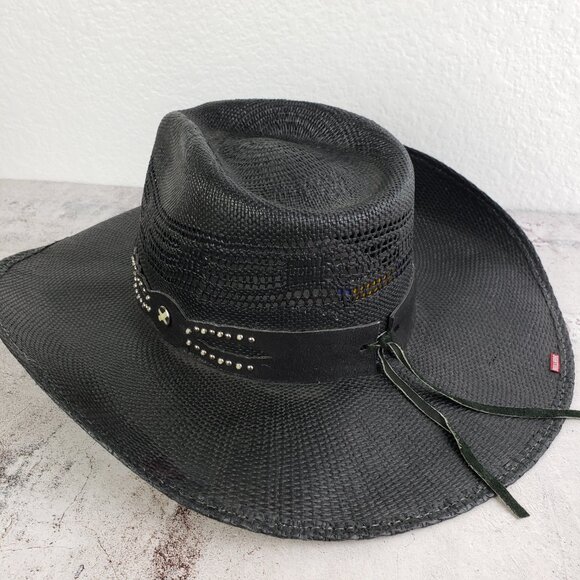 Bullhide Vintage Straw Cowboy Hat Western Black Enameled Concho Detail size M - Picture 4 of 13